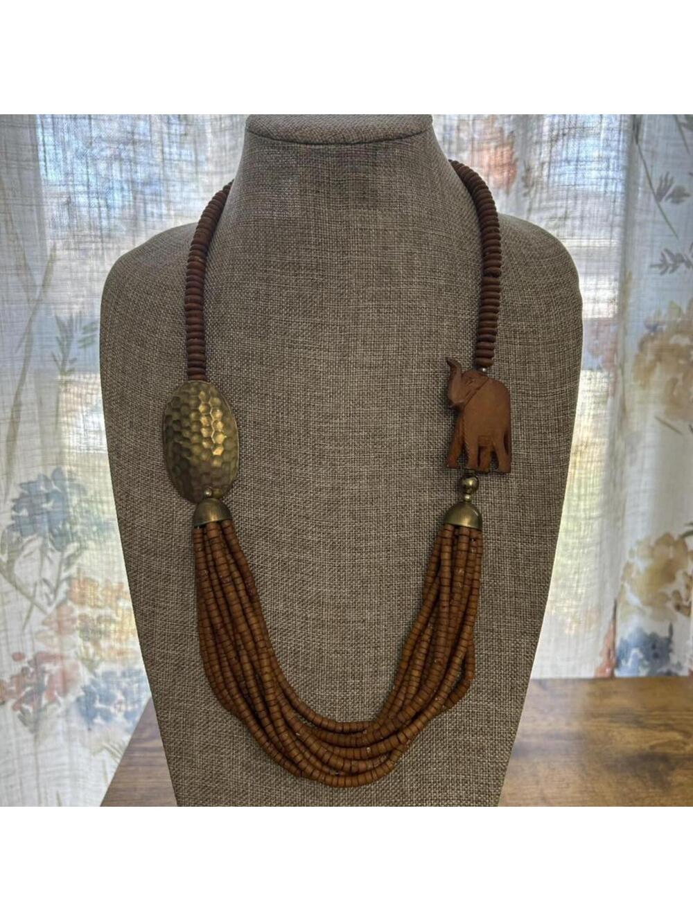 Vintage Wood Beaded Statement Necklace with Sculptural Pendant